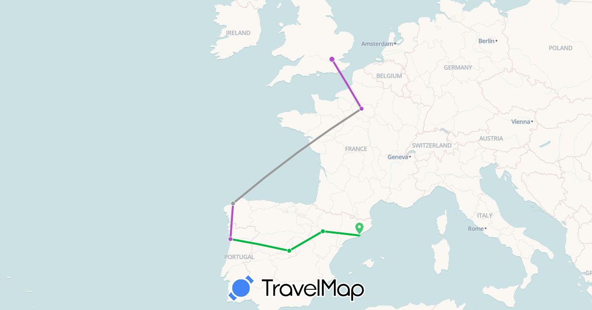 TravelMap itinerary: driving, bus, plane, train in Spain, France, United Kingdom, Portugal (Europe)